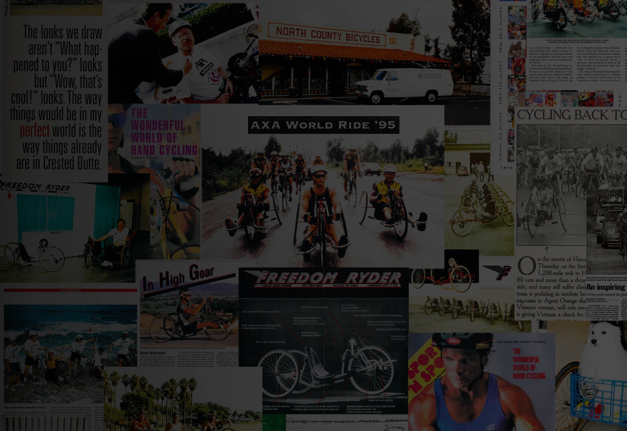 A collage of photos and newspaper clippings featuring Freedom Ryder handcycles, professional riders, and event coverage like the 